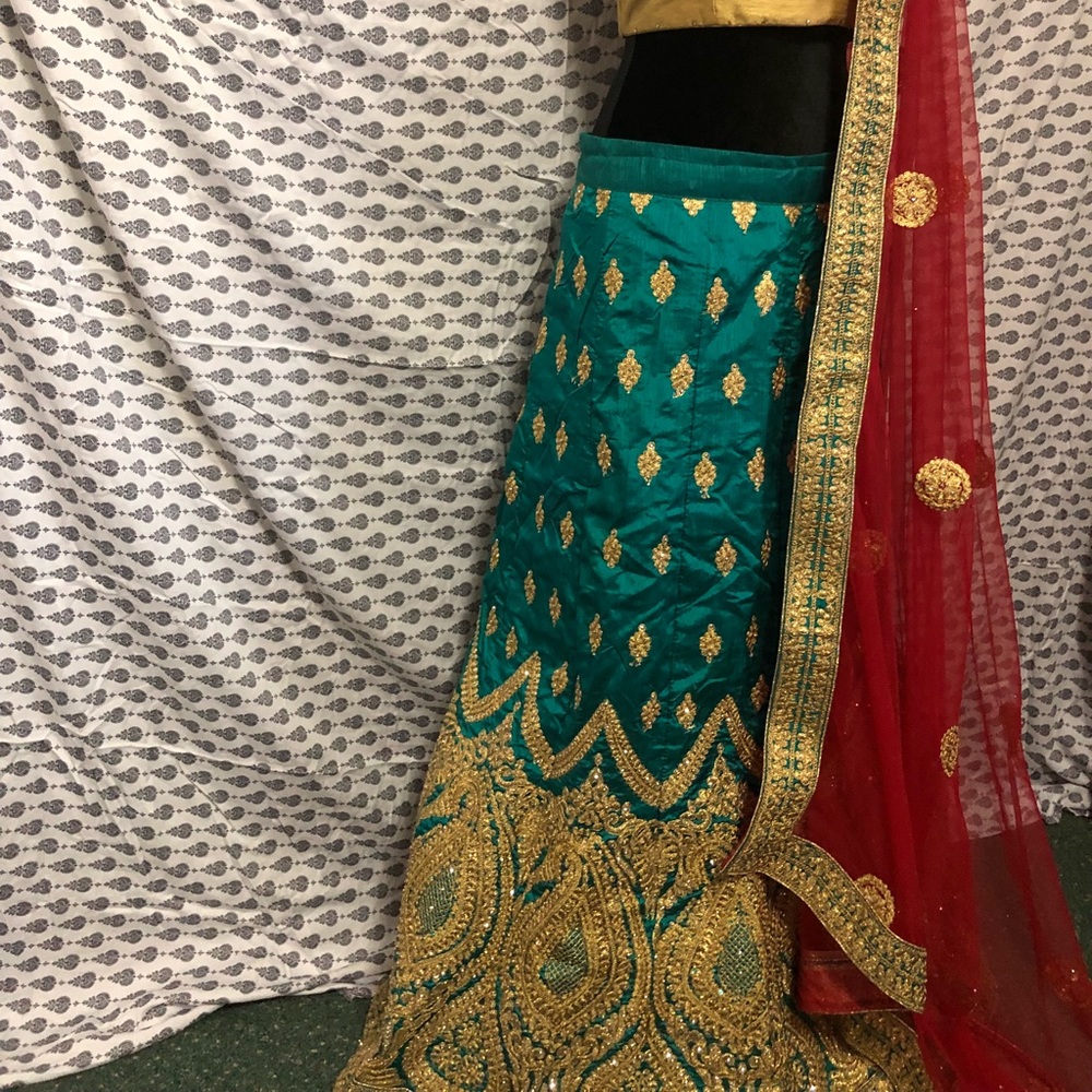 Green and red lehenga
